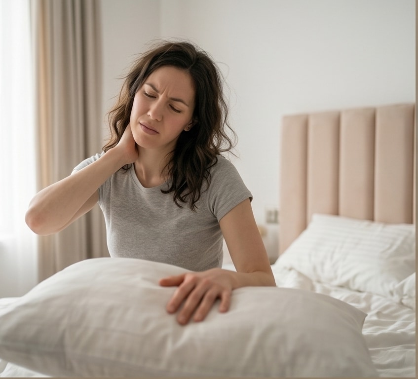 Woman holding a flat pillow and touching her neck after uncomfortable sleep