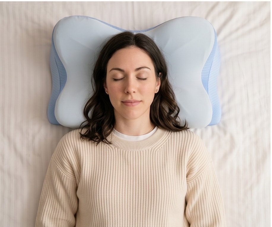 Sarah resting with the contour pillow featured in the current offer